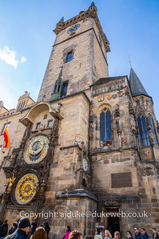 Medieval astronomical clock on the Orloj town hall in Prague, Czech Republic