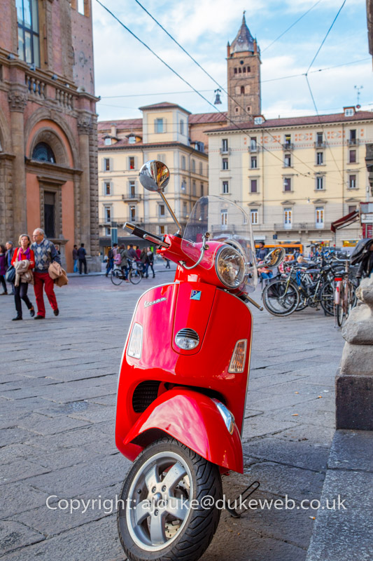 Vespa scooter in Piazza Maggiore, Bologna, Italy