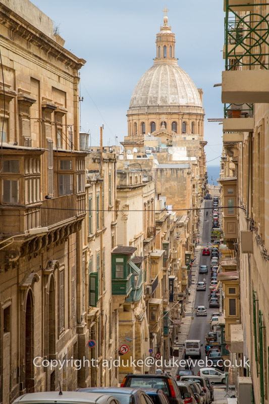 Valetta street and Carmelite Church, Malta