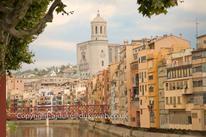 Cathedral and river side buildings, Girona, Catalonia, Spain